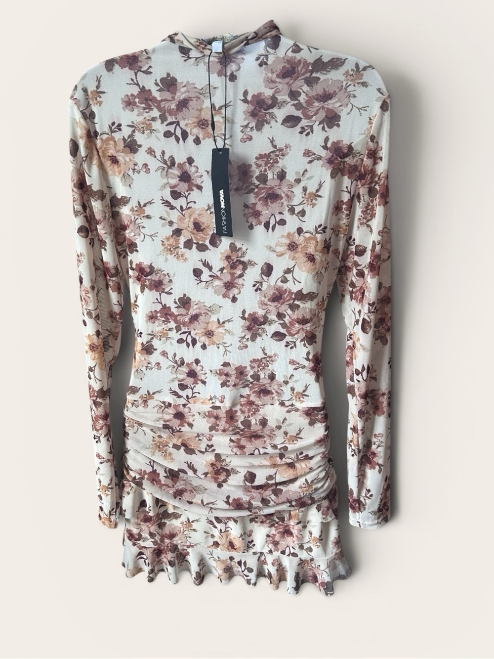 Fashion Nova Beige Floral Midi Dress with Mauve Accents